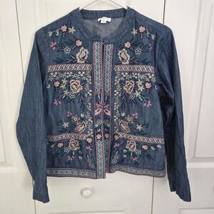 J.Jill Denim Floral Embroidered Jacket Women's Size XS Petite 100% Cotton